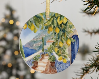 Amalfi Coast Christmas Ornament: Positano Italy, AI Watercolor