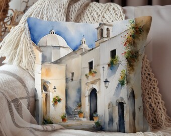 Ostuni Italy Pillow: Watercolor Puglia Home Decor, Italian Souvenir