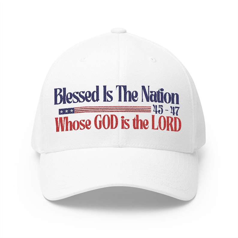 Embroidered Trump Baseball Hat: Patriotic USA, Blessed is the Nation White