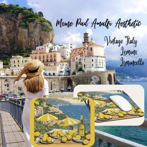 May include: Mouse pad with an Amalfi Coast aesthetic. The design features a coastal scene with lemons, a bottle of limoncello, and yellow umbrellas. The text on the image says "Vintage Italy, Lemons, Limoncello."