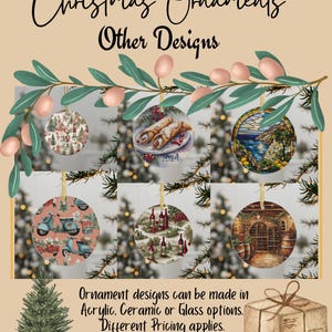 May include: A collection of Christmas ornaments with various designs, including a winter village scene, pastries, a coastal landscape, scooters, wine bottles, and a wine cellar. The text "Christmas Ornaments Other Designs" is at the top.