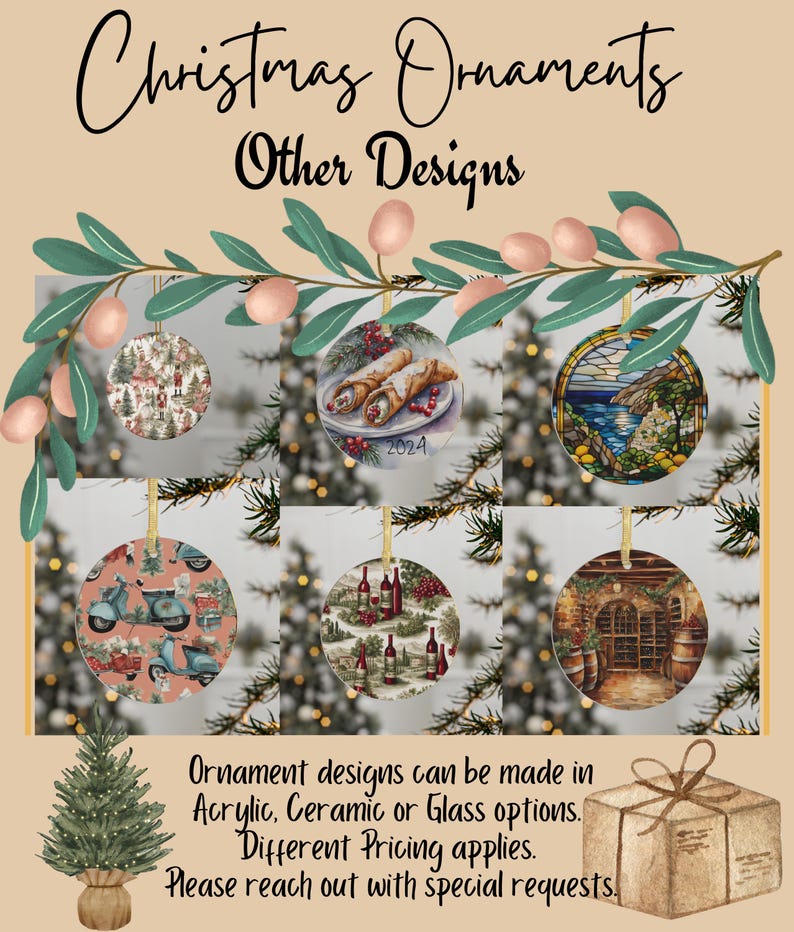 May include: A collection of Christmas ornaments with various designs, including a winter village scene, pastries, a coastal landscape, scooters, wine bottles, and a wine cellar. The text "Christmas Ornaments Other Designs" is at the top.