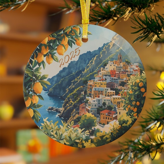 Amalfi Coast Italy Glass Ornament: Watercolor Travel Souvenir
