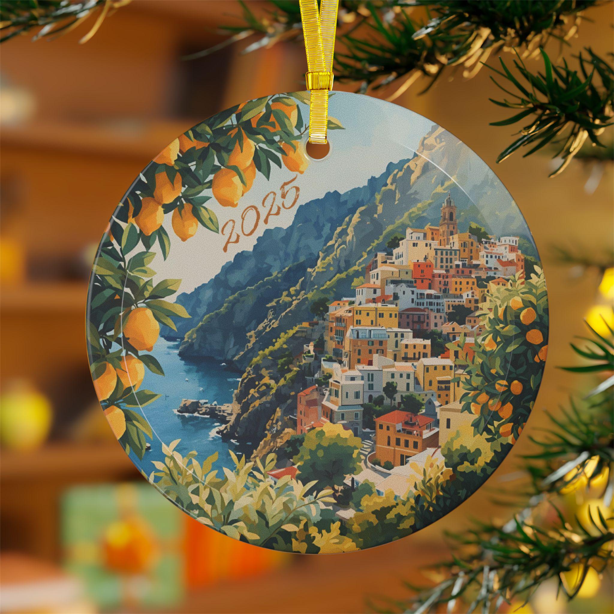 Amalfi Coast Italy Glass Ornament: Watercolor Travel Souvenir