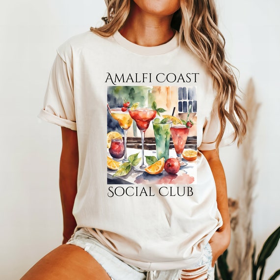 T-shirt Femme Col En V Amalfi Coast Italy Social Club - Design Rétro Citrons Et Nœud Bleu