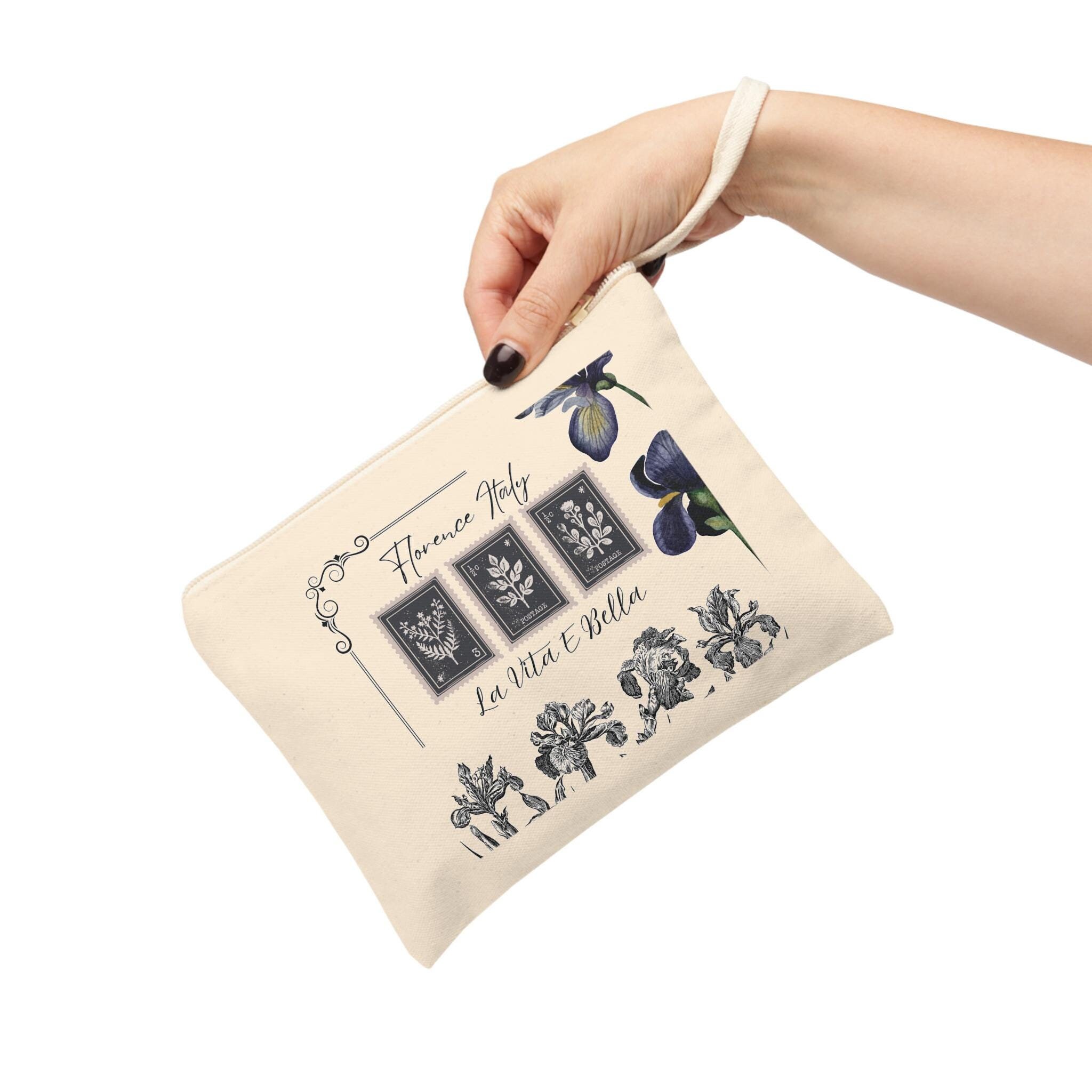Florence Italy vintage style stamps wristlet l makeup pouch l Italy wedding party favor l purse l Italy travel bag l Tuscany toiletries