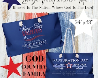 May include: Two blue canvas tote bags with white rope handles. The larger bag is 24 inches by 13 inches and features the text "Glory Glory Hallelujah" and "His Truth Is Marching On God Bless America President Donald J. Trump January 20, 2015". The smaller bag features the text "Inauguration Day January 20th 2025 Trump 45-47". Both bags have red stars and the text "God Country Family" is printed on the wooden background.