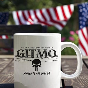 May include: White ceramic mug with a black graphic of a skull and barbed wire. The text "What storm Mr. President? GITMO 19.5403 N -75.0551 W" is printed on the mug.