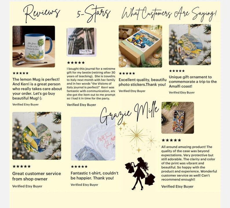 May include: A collage of customer reviews from Etsy, featuring various products. The image includes a blue and white mug, a journal, photo stickers, ornaments, a t-shirt, and a phone case. Text includes customer feedback and star ratings.