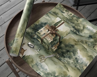 Green Toile Christmas Gift Wrap, French Country Tuscan Wrapping Paper