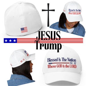 May include: White baseball cap with the text "Blessed Is The Nation 45-47 Whose GOD is the LORD" in blue and red lettering. The cap also features a small American flag.