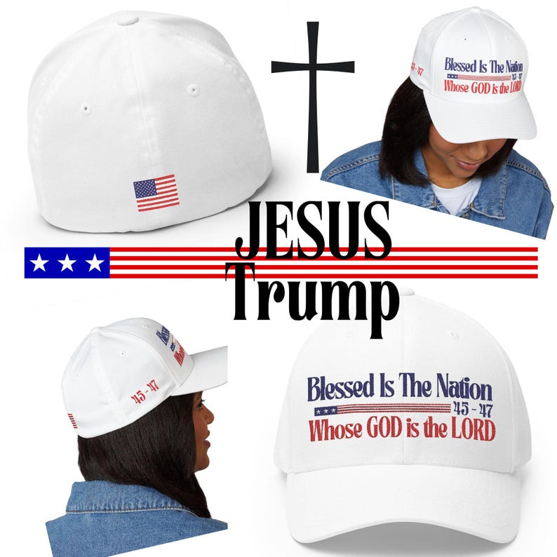 May include: White baseball cap with the text "Blessed Is The Nation 45-47 Whose GOD is the LORD" in blue and red lettering. The cap also features a small American flag.