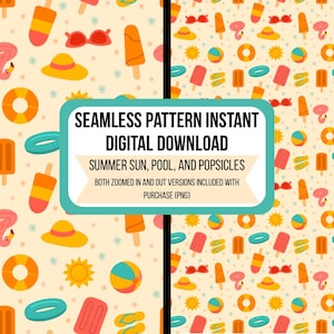 Può includere: Un motivo digitale senza cuciture con icone estive. Il design include ghiaccioli, occhiali da sole, cappelli da sole, palloni da spiaggia e salvagenti. Il testo recita "SEAMLESS PATTERN INSTANT DIGITAL DOWNLOAD SUMMER SUN, POOL, AND POPSICLES".