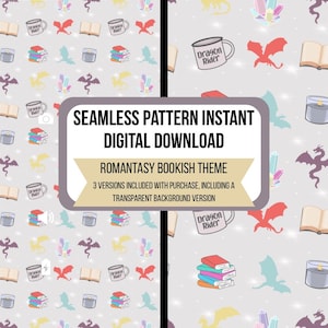 May include: Seamless digital pattern with a Romantasy bookish theme. The design features illustrations of dragons, books, crystals, candles, and mugs with the text "Dragon Rider" on a light gray background. Includes a transparent background version.