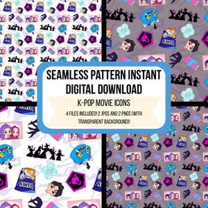 Puede incluir: Una descarga digital que presenta cuatro patrones sin costuras con iconos de películas K-Pop. Los patrones incluyen ilustraciones de personajes, comida y gráficos relacionados con películas en un diseño repetitivo. El texto de la imagen dice "SEAMLESS PATTERN INSTANT DIGITAL DOWNLOAD K-POP MOVIE ICONS".