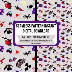 May include: A digital download featuring a seamless pattern with a cartoon demon imp theme. The design includes various cartoon elements like a car, book, and splatters on a light gray background. The text reads "SEAMLESS PATTERN INSTANT DIGITAL DOWNLOAD".