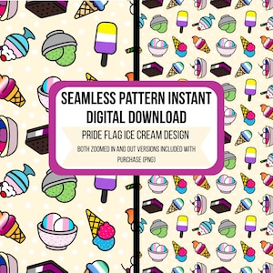 May include: A digital download featuring a seamless pattern with Pride flag ice cream designs. The pattern includes various ice cream treats like cones, popsicles, and sundaes in a repeating design. The background is a light yellow with small white dots.