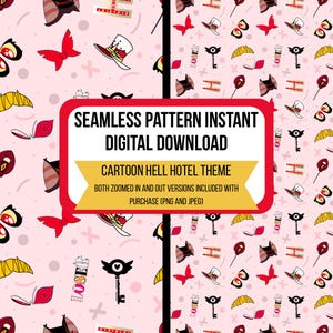 May include: A seamless pattern digital download featuring a cartoon Hell Hotel theme. The pattern includes a variety of elements, such as a red butterfly, a top hat, a key, and a red and white striped lollipop. The pattern is set against a pink background.
