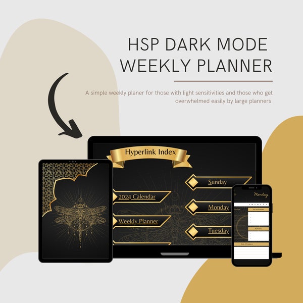 HSP Dark Mode Weekly Planner - With Hyperlinks, Highly Sensitive Person Dark Mode Planner