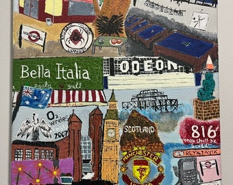 Può includere: Un dipinto colorato che raffigura vari monumenti e simboli di tutto il mondo, tra cui il London Eye, Big Ben, il logo del Manchester United e le parole "Big Red".