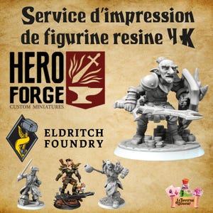 May include: Image featuring miniature figurines, including a goblin warrior with a sword and shield, and other fantasy characters. The image includes the text "HERO FORGE CUSTOM MINIATURES" and "ELDRITCH FOUNDRY". The background is a tan color.