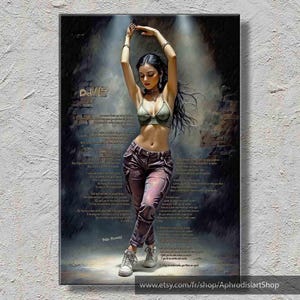Peut inclure: Impression d'art numérique d'une danseuse sous les projecteurs. La danseuse porte un haut vert, un pantalon violet et des baskets blanches. L'arrière-plan présente des briques et du texte. Le mot "DIME" est visible.