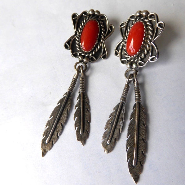 Navajo LD Lowell Draper Sterling Silver Coral Dual Feather Dangle Earrings