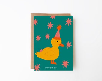 Duck Birthday Card | Duck | Green Background with Stars | Charming Hand-Illustrated Birthday Greetings Card | Digital Download