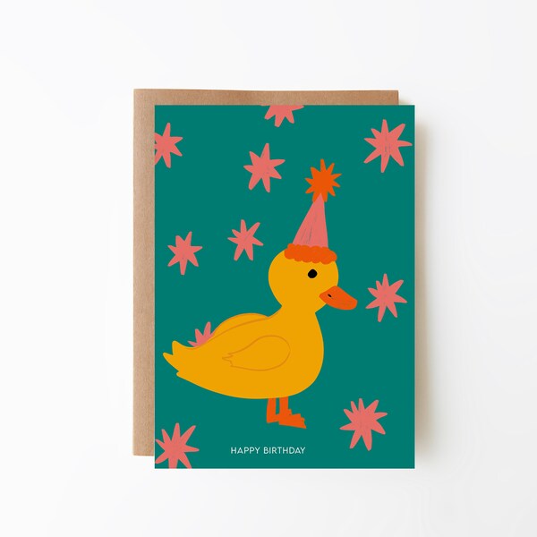 Duck Birthday Card | Duck | Green Background with Stars | Charming Hand-Illustrated Birthday Greetings Card | A6 Greetings Card