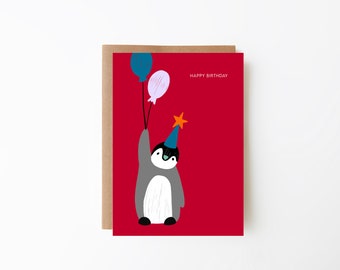 Penguin Birthday Card | Penguin | Red Background with Balloons | Charming Hand-Illustrated Birthday Greetings Card | A6 Greetings Card