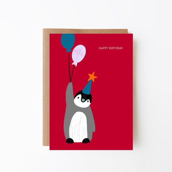 carte d'anniversaire de pingouin | Pingouin | Fond rouge avec des ballons | charmante carte de voeux d'anniversaire illustrée à la main | Carte de voeux A6