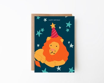 Lion Birthday Card | Lion | Navy Background with Stars | Charming Hand-Illustrated Birthday Greetings Card | A6 Greetings Card