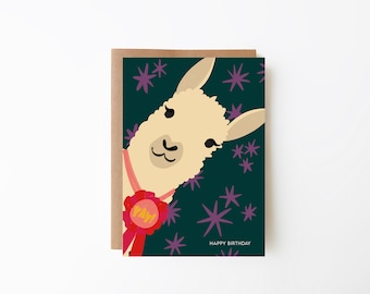 Llama Birthday Card | Llama | Dark Green Background with Stars | Charming Hand-Illustrated Birthday Greetings Card | A6 Greetings Card