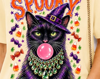 Gruselige Boujee schwarze Katze Halloween PNG, Hexenhut, Diamanten, Candy Corn (Digitaler Download)