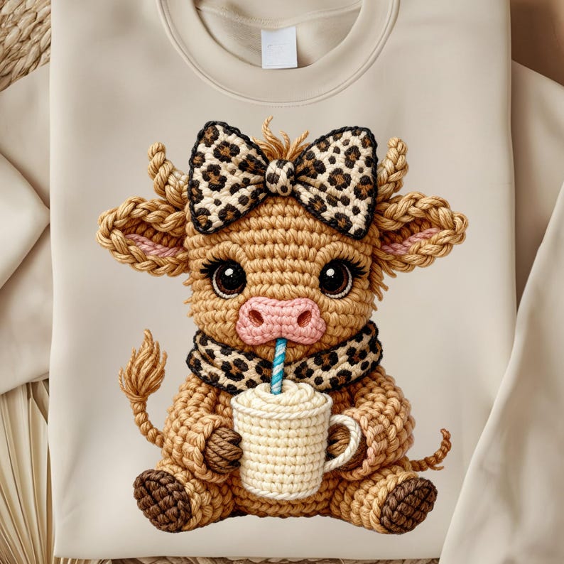 May include: A beige sweatshirt featuring a crocheted cow design. The cow has a brown body, a pink nose, and large eyes. It wears a leopard print bow and scarf, and holds a white mug with a blue straw. The design is detailed and whimsical.