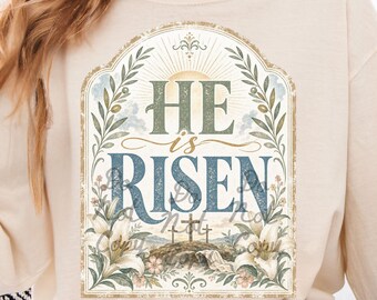 Er ist auferstanden (PNG), Christliches Ostern (PNG), Auferstehung (PNG), Jesuskreuz (PNG), Religiöses Sublimationsdesign, Glaubens-T-Shirt (PNG), Vintage-Christen
