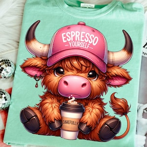Grumpy Highland Cow Png, Cranky Coffee Lover Png, Fluffy Cow Grumpy Humor Graphic Sublimation Design, Cow Lover Png