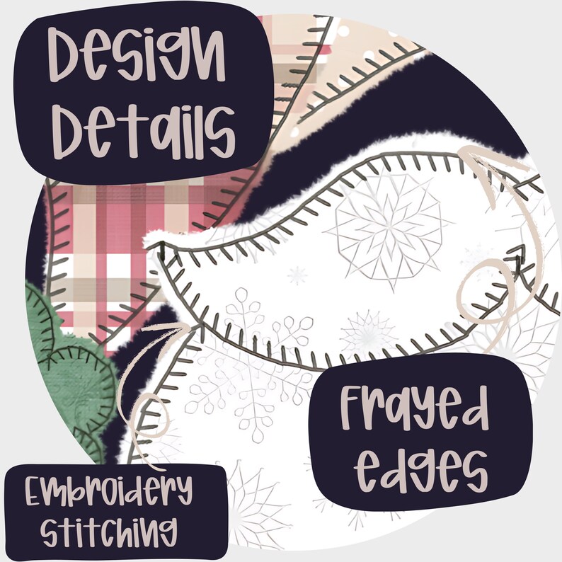 May include: A white background with a patchwork design featuring a red and white plaid pattern, green foliage, and a white snowflake pattern. The design has frayed edges and is stitched with embroidery. The text "Design Details" is in a black box at the top left, "Embroidery Stitching" is in a black box at the bottom left, and "Frayed Edges" is in a black box at the bottom right.