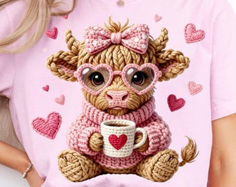 Camiseta de vaca de las Highlands de San Valentín con hilo sintético de ganchillo grueso PNG, gráfico de vaca de las Highlands de San Valentín con coqueta de punto grueso y café preppy