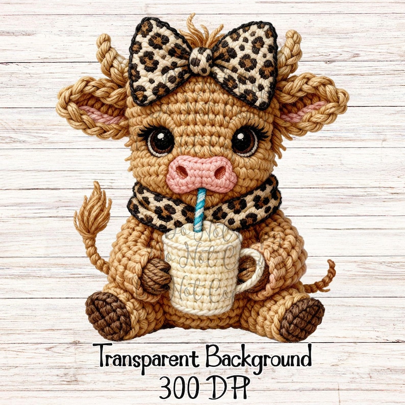 May include: A crocheted cow with a bow, scarf, and a mug. The cow is light brown with a pink nose and large brown eyes. The bow and scarf have a leopard print design. The mug has a blue and white straw. Text at the bottom reads "Transparent Background 300 DPI".