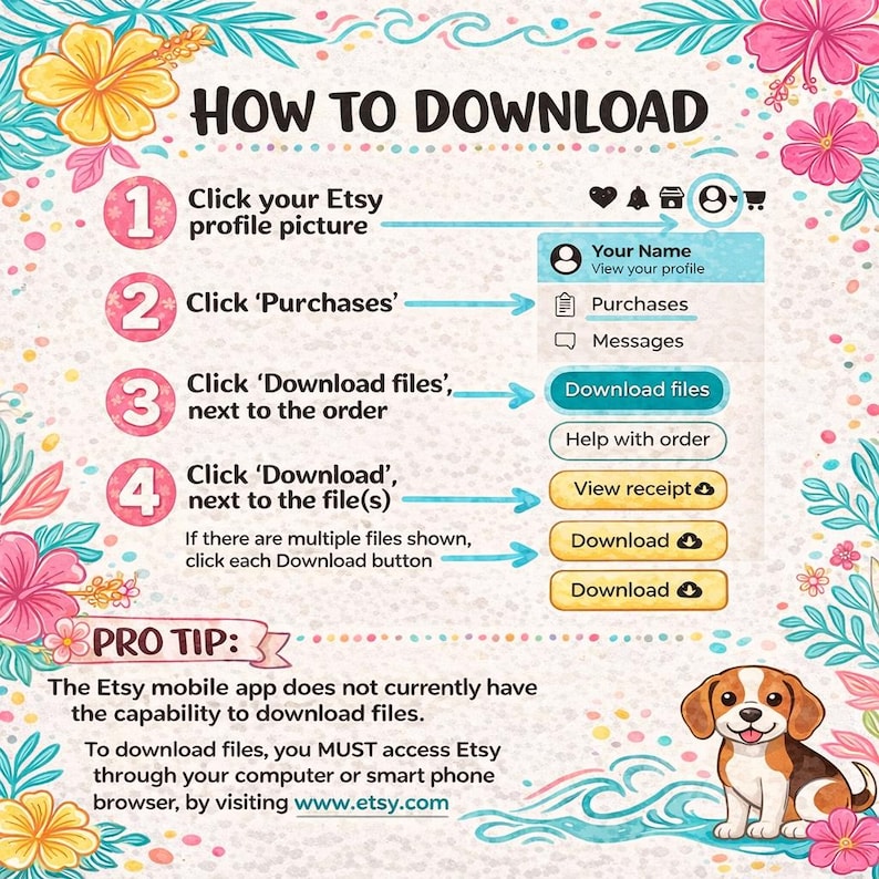 Puede incluir: Un gr&aacute;fico instructivo titulado HOW TO DOWNLOAD con cuatro pasos numerados para descargar archivos de Etsy. Incluye bordes florales, una ilustraci&oacute;n de un beagle y texto que explica que la aplicaci&oacute;n m&oacute;vil de Etsy no puede descargar archivos.