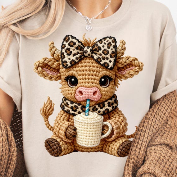 Leopard Print Coquette Coffee Faux Crochet Highland Cow PNG Design (Digital Download)