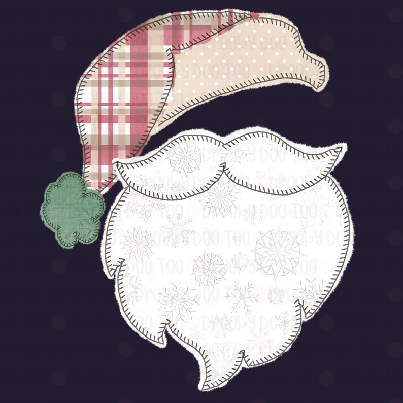 May include: A white felt Santa Claus beard with a red and white plaid hat. The beard is decorated with a snowflake pattern.