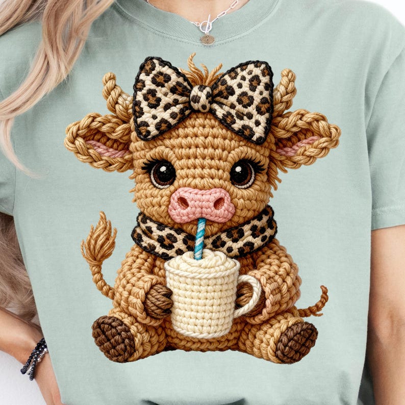 May include: A crocheted cow with a bow, scarf, and a mug. The cow is brown with a pink nose, large eyes, and a leopard print bow and scarf. It is holding a white mug with a blue and white striped straw.