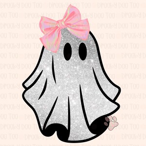 May include: A white ghost with a pink bow on its head. The ghost has a sparkly silver glitter texture and black eyes. The ghost has a paw print on its bottom.