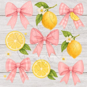 May include: A digital illustration of lemons and pink bows on a white wood background. The lemons are yellow with green leaves and white flowers. The bows are pink with white polka dots.