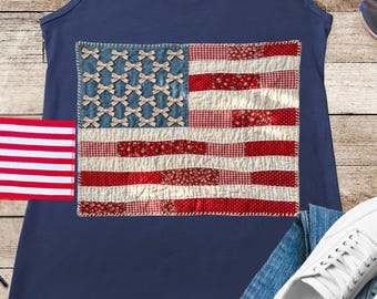 Amerikanische Flagge im Patchwork-Stil (PNG), US-Flagge im Patchwork-Stil (Grafik), Patriotisches Shirt-Design im Cottagecore-Stil, Amerikanische Flagge zum 4. Juli (PNG)