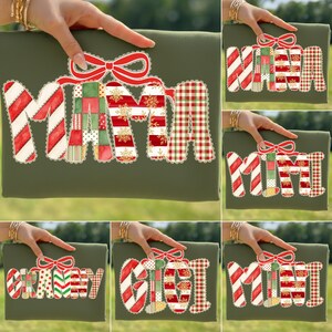 May include: Olive green fabric with the word "MAMA" in a patchwork design, featuring red and white striped letters, green and red plaid, and gold snowflakes. A red bow is above the word. Other designs include "MIMI", "GIGI", and "GRANDMA".