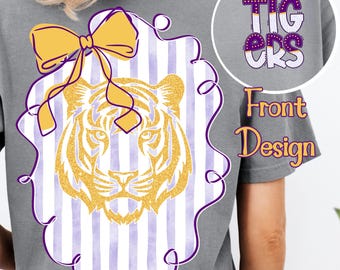 Tigers Coquette Football png Kokette Bogen png Preppy Football png Digitaler Download T-Shirt Design Sublimation Lila und Gelb Glitter Png