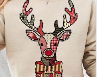 Christmas Reindeer Patchwork PNG, Preppy Christmas Png, Christmas Girly Png, Faux Embroidery Png, Christmas Florals Png Sublimation Design
